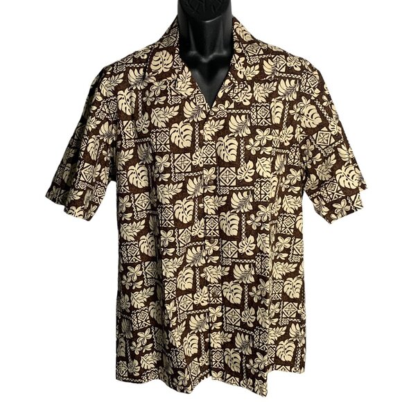 Vintage 90s Button Up Hawaiian Camp Shirt L Brown Floral Short Sleeves Pocket - Picture 1 of 6